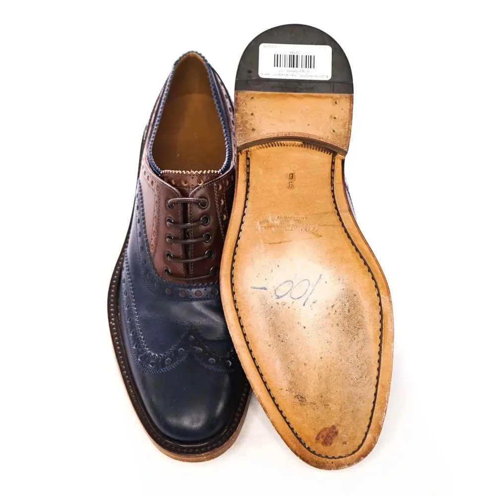 $1,250 FERRAGAMO - Navy Blue/Brown Leather Wingtip Oxfords - 9 D